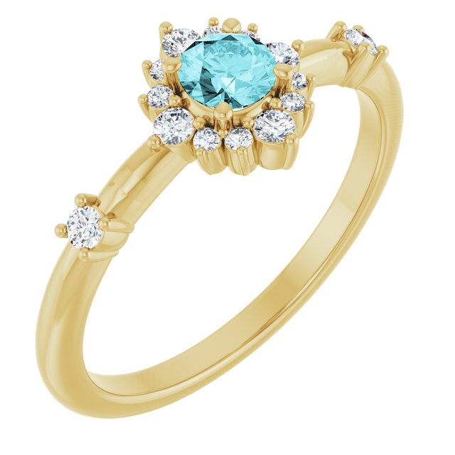 14K Yellow Natural Blue Zircon & 1/6 CTW Natural Diamond Halo-Style Ring 